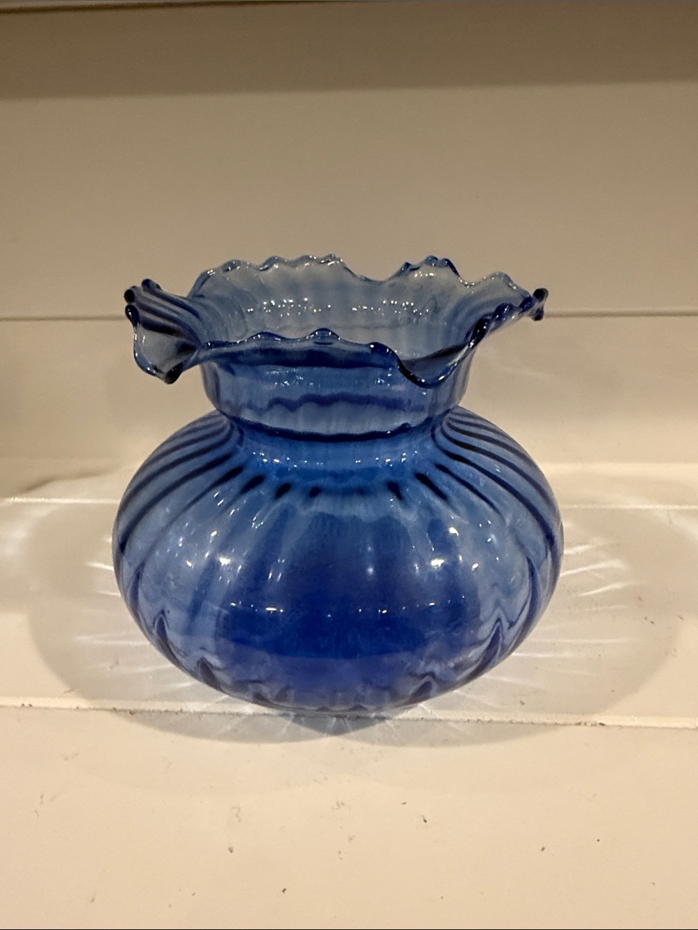 Vintage looking Blue Ruffled Glass Vase - Decorative Home Accent